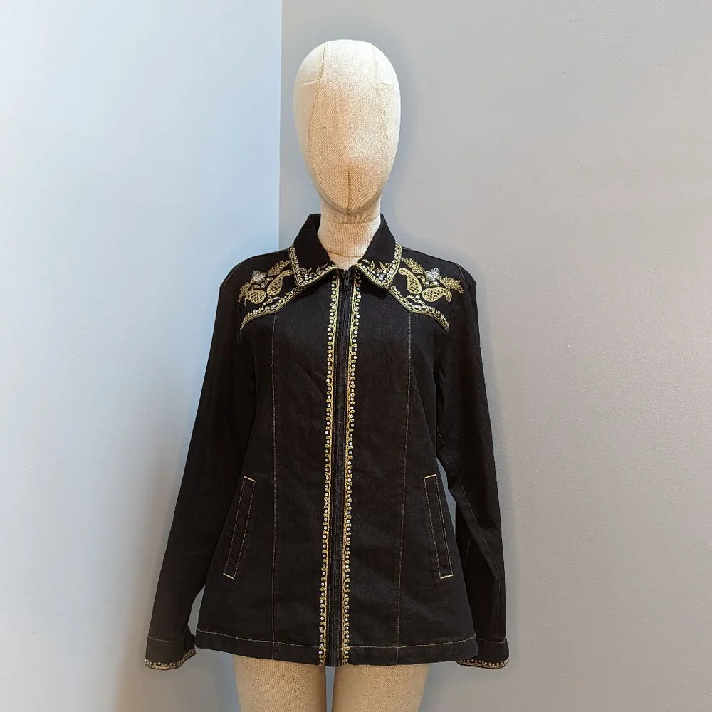 Victor Costa Occasions Embroidered Black Denim Jacket